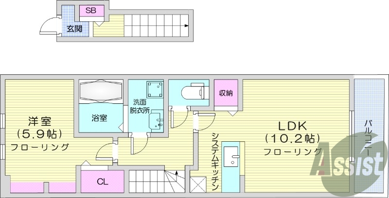 1LDK、バルコニー、クローゼット、バストイレ別