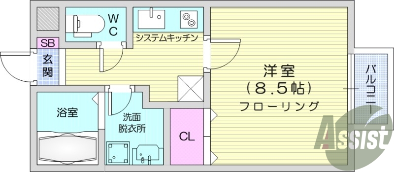 1K、南向き開口部、追い焚き機能付き浴室、独立洗面化粧台有り