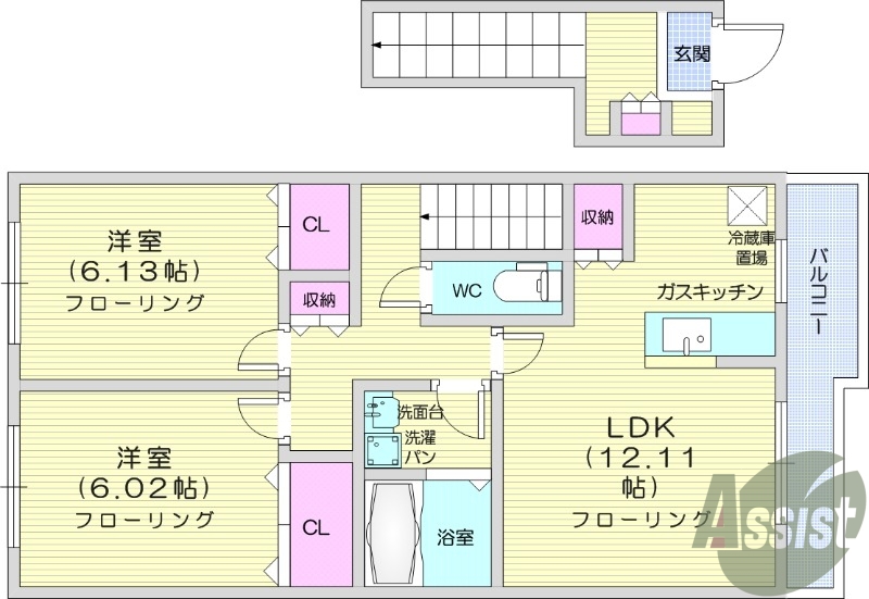 2LDK、バストイレ別、陽当たり良好、室内洗濯置場