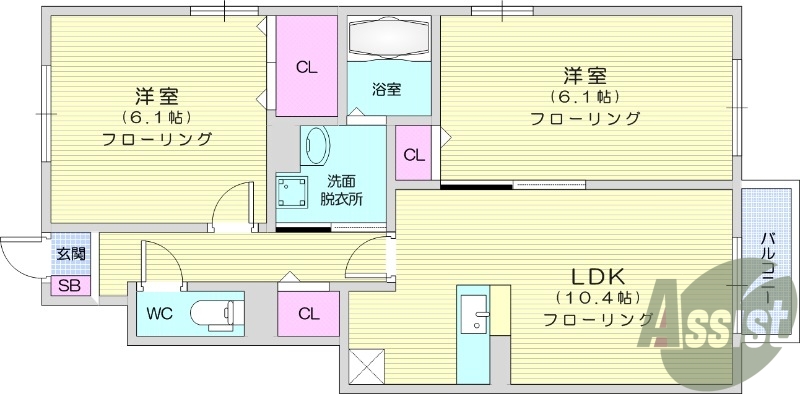 2LDK、給湯、バルコニー、エアコン、フローリング