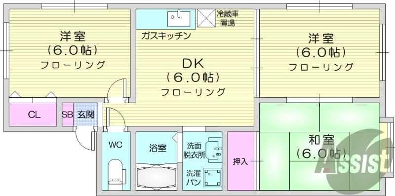 3DK、温水洗浄便座、バストイレ別、エアコン。