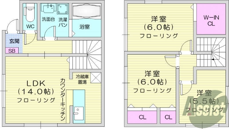 3LDK、エアコン、カウンターキッチン、フローリング