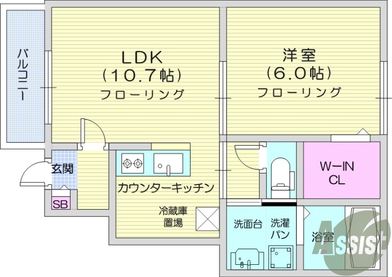 1LDK、BT別、ウォークインクローゼット、温水洗浄便座
