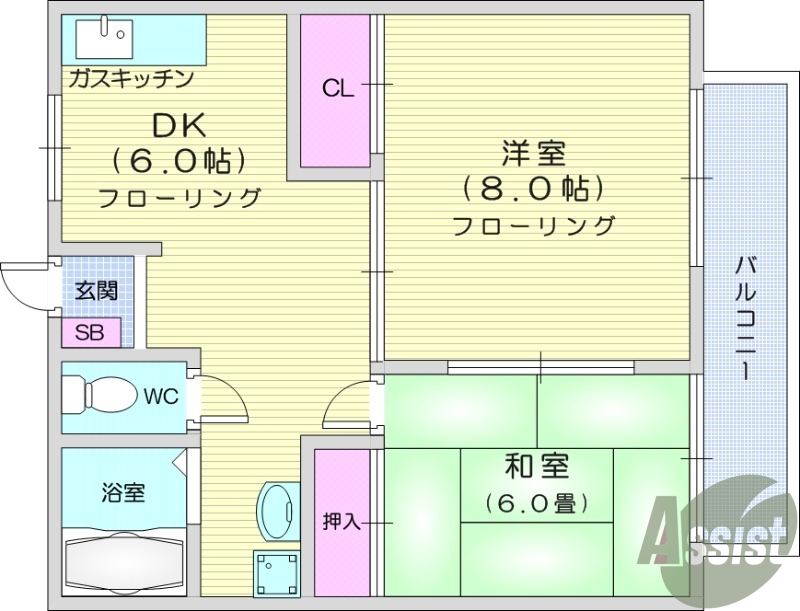 2DK都市ガスのお部屋、独立洗面台付き、エアコン付き。