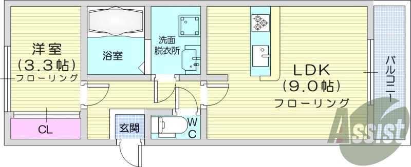 1LDK、エアコン、フローリング、テラス