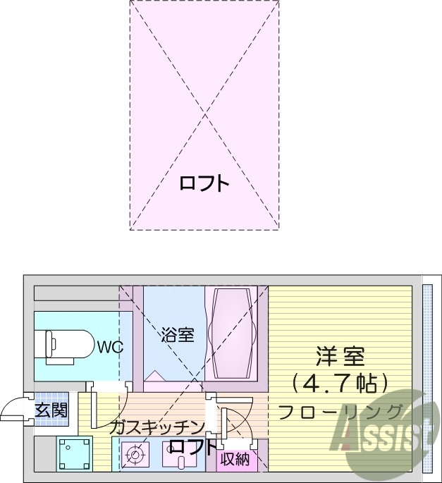 1K、ロフト付、家電付き、バストイレ別、Wi-Fi完備