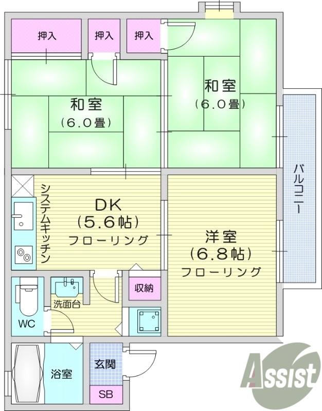 3DK、追い焚き機能付き浴室、温水洗浄便座付き
