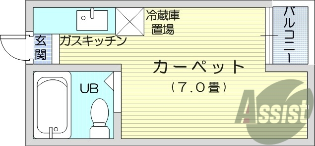 カーペット7帖、バストイレ同室、エレベーター