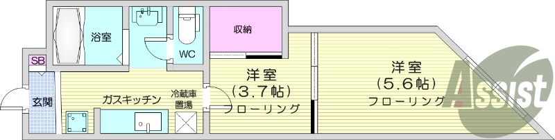 2K、角部屋、バストイレ別、洗面所独立、ガスキッチン