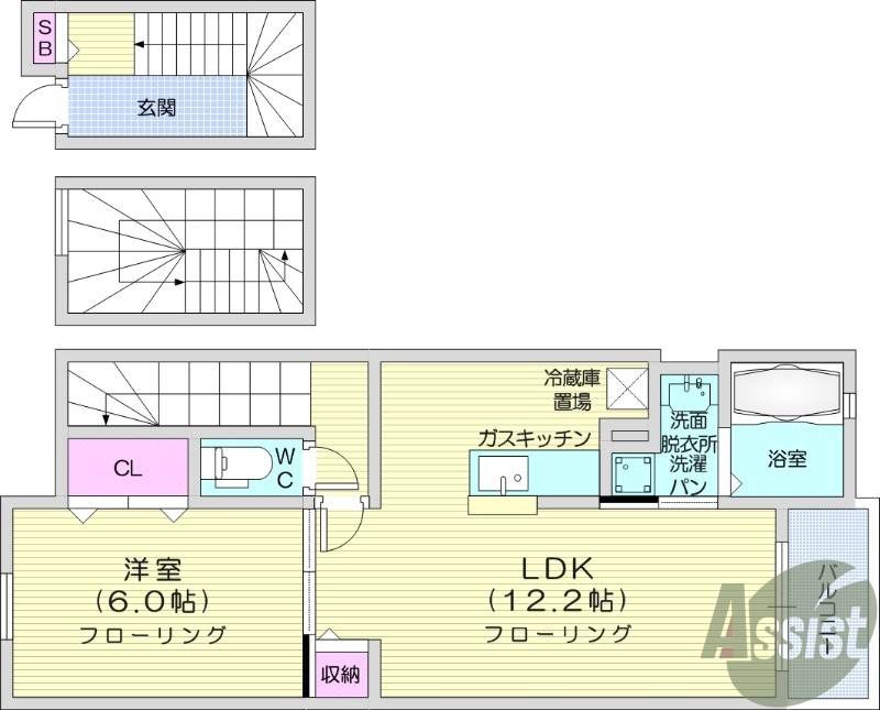 1LDK、バルコニー、バストイレ別、浴室乾燥機、追焚給湯