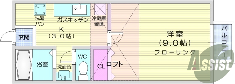 1K、バストイレ別、室内洗濯置き場、ロフト付き