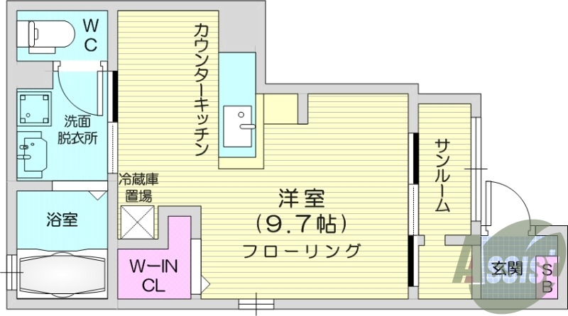 1R、エアコン、システムキッチン、独立洗面台
