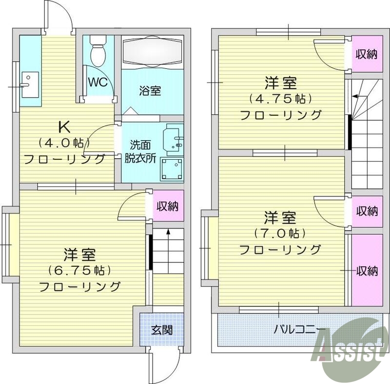 3K、メゾネット、洗濯機置き場、追炊き付き