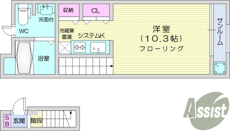 1K、システムキッチン、バストイレ別、室内洗濯機おきば
