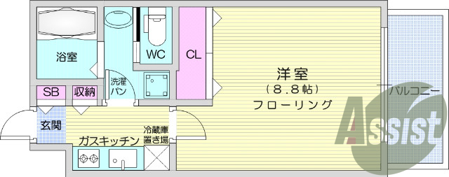 1Ｋ　バストイレ別　バルコニー　エアコン付き