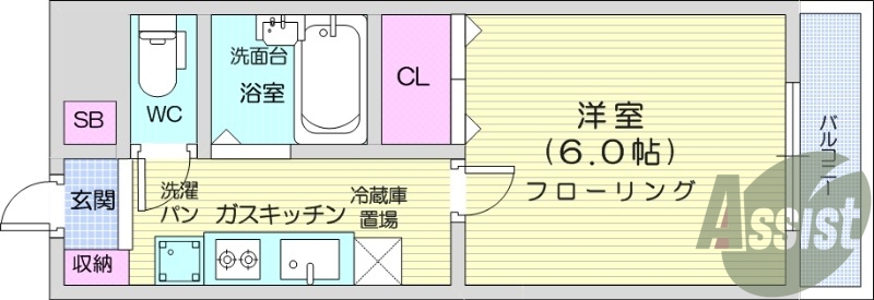 1K、家具家電付き、都市ガス、システムキッチン