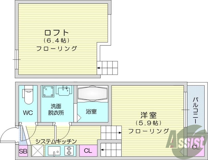 1K、クローゼット、浴室乾燥機、バルコニー