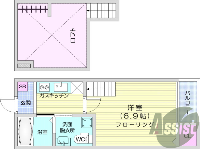 1K・ロフト、エアコン、ネット無料、システムキッチン
