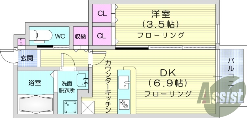 1DK、バルコニー、浴室乾燥機、クローゼット