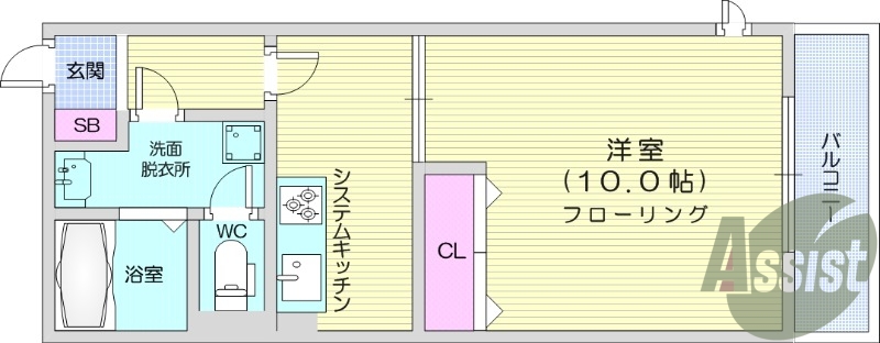 １K、バストイレ別、クローゼット、バルコニー