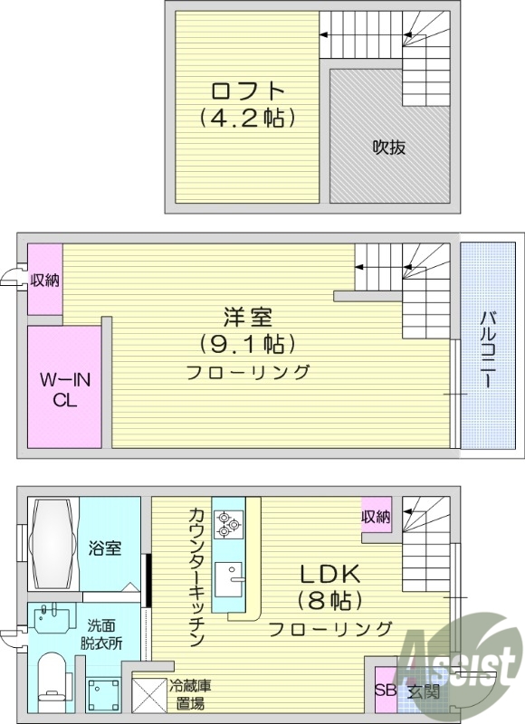 １LDK+ロフト、エアコン２台、ネット無料