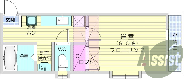 １K、ロフト、バルコニー、バス・トイレ別、シューズボックス