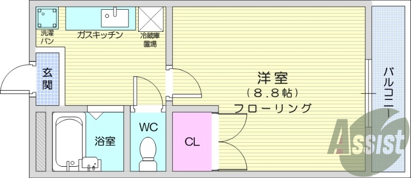 1K、エアコン、室内洗濯機置場、トイレ浴室別、クローゼット