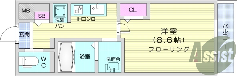 1K、独立洗面台、温水洗浄便座、IHコンロ