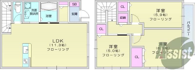 3LDK、浴室乾燥機、カウンターキッチン。
