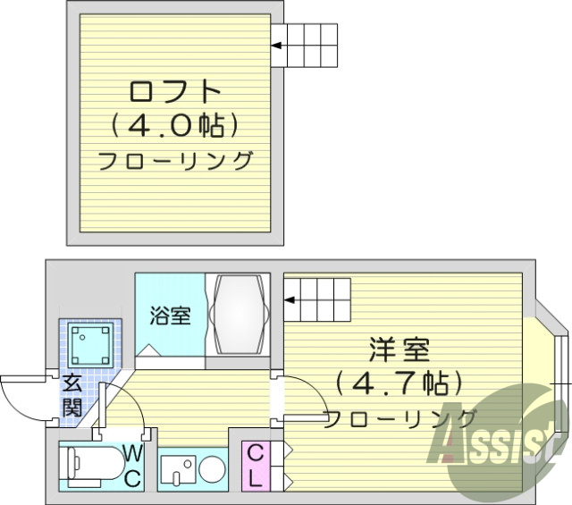 1K、ロフト付き、バス・トイレ別、モニター付きインターホン