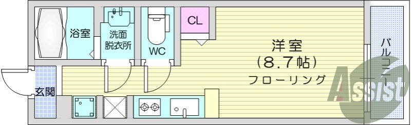 1R、バルコニー、給湯、バストイレ別、南向き、浴室乾燥機