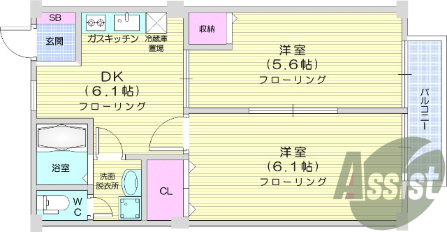 2DK、エアコン、温水洗浄便座、洗面所独立、クロゼット
