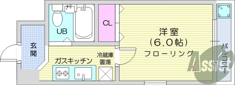 1K、インターネット無料、定額水道、敷地内ゴミ置き場。