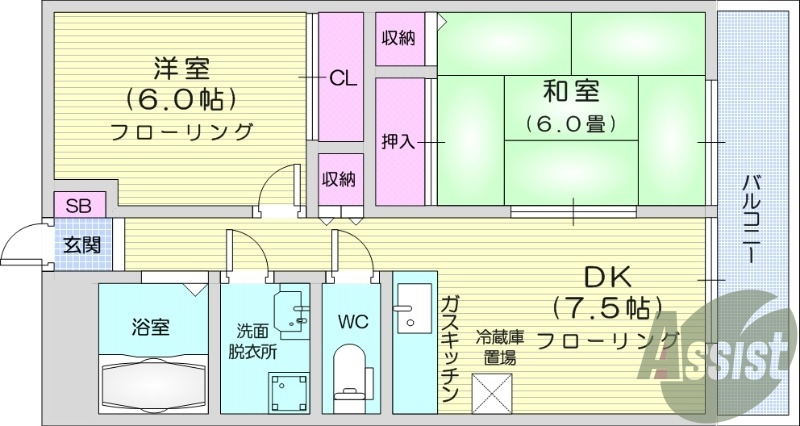 2DK、バルコニ、B・T別、室内洗濯機置場、クローゼット