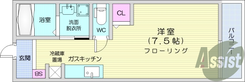 1K、追い焚き機能付き浴室、独立洗面化粧台有り。