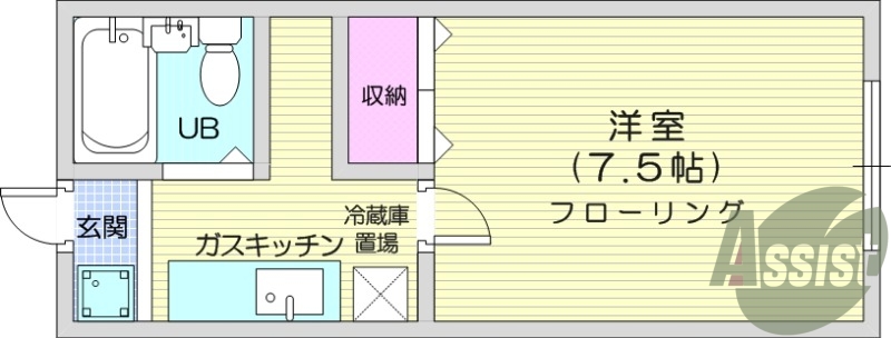 1K、エアコン、ユニットバス、室内洗濯機置場。