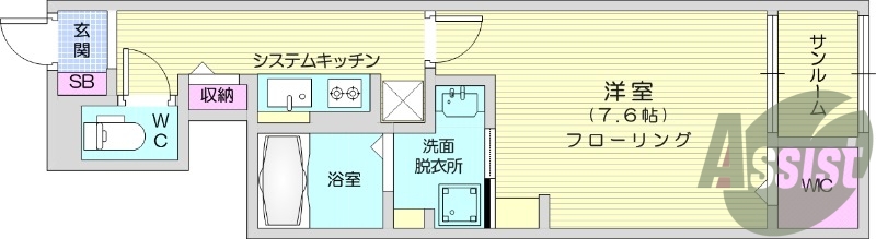 1K、サンルーム、ウォークインCL、浴室乾燥、洗面化粧台