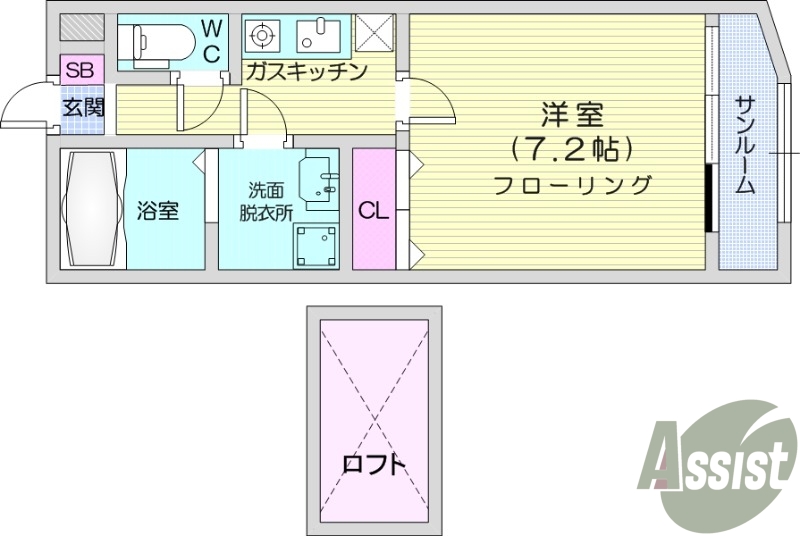 1K、追い焚き、ネット無料、サンルーム、エアコン。