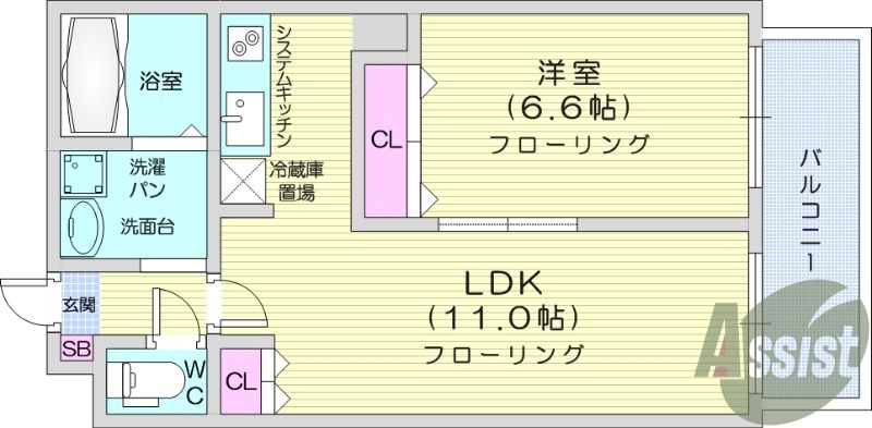 1LDK、バストイレ別、オール電化、モニター付きインターホン