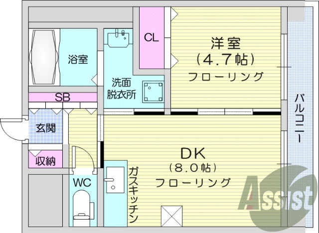 1DK、エアコン、TVインターホン、オートロック。