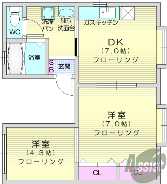 ２DK、室内洗濯機置場、洗面化粧台、給湯、エアコン、BT別