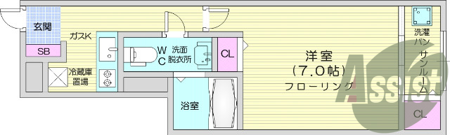 1K、システムキッチン、洗髪洗面洗面台