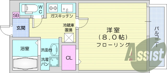 １K・エアコン、角部屋、給湯、バス・トイレ別・居室照明