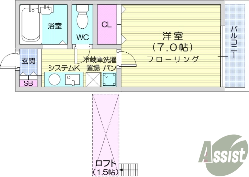 1K、エアコン、フローリング、バストイレ別