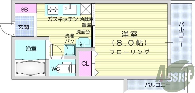 1K、独立洗面台、バストイレ別、バルコニー