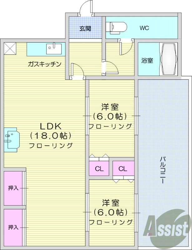 2LDK、バストイレ別、陽当たり良好、南向き開口部