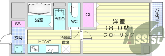 1K、バストイレ別、IH、室内洗濯機置場、バルコニー
