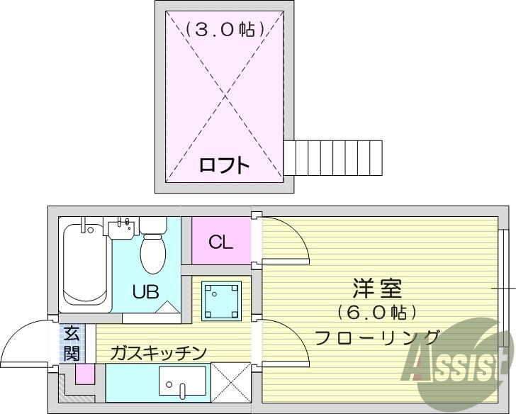 1K、エアコン、光ファイバー、室内洗濯機置場、ロフト、収納