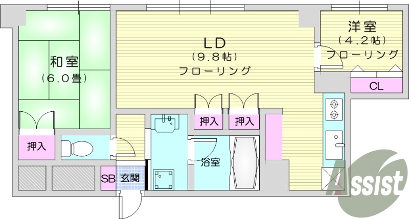 2LDK、エアコン、独立洗面台、オートロック