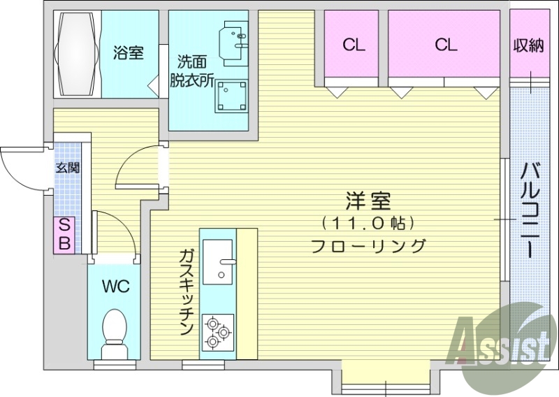 １R、独立洗面台、カウンターキッチン、システムキッチン